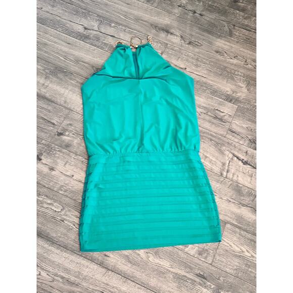 Vintage Cache Women's Green Blouson Gold Chain Halter Neck Mini Dress Size 10 - Picture 15 of 16